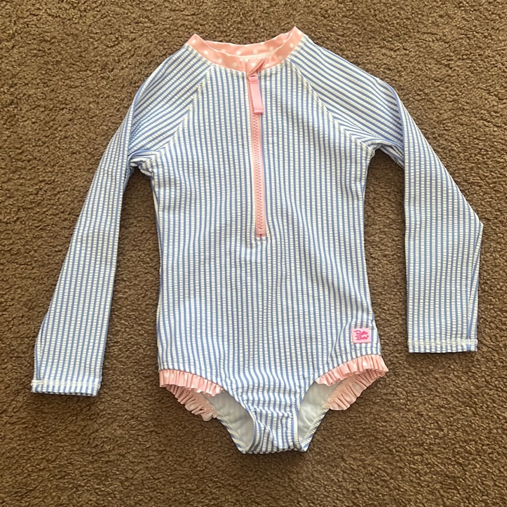 RuffleButts Girls Seersucker Long Sleeve One Piece Rash Guard